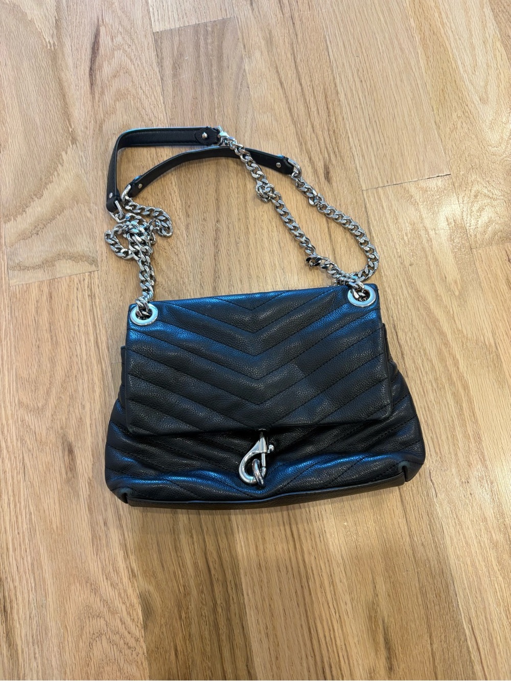 Rebecca Minkoff Black Quilted Chevron Shoulder Bag with Silver Chain